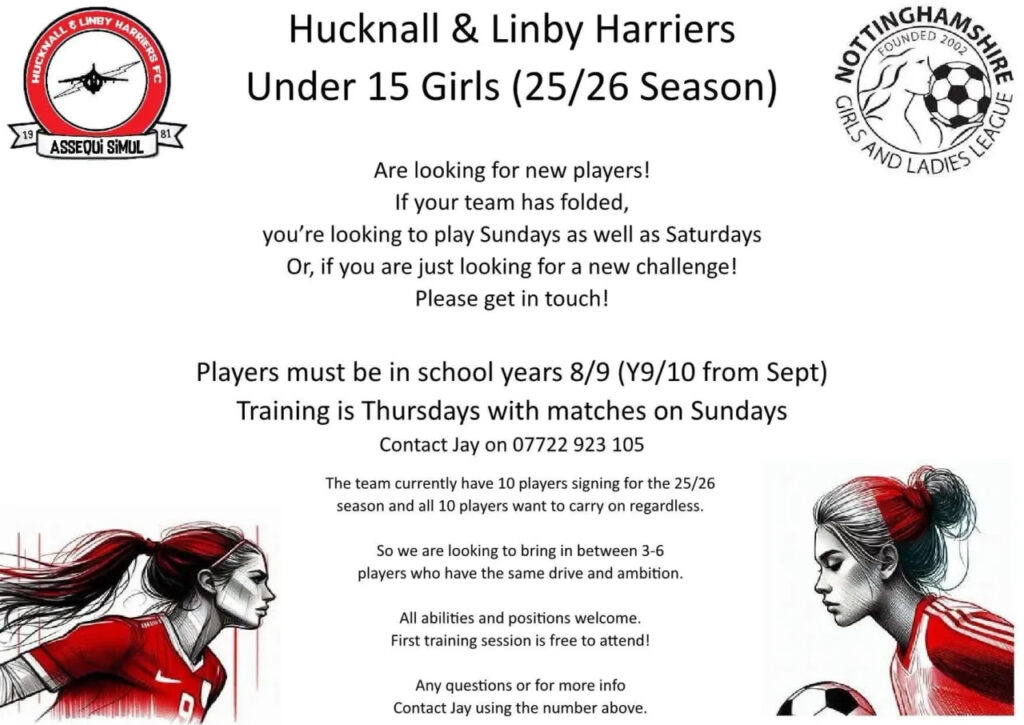 Recruitment poster with the club crest, the Nottinghamshire Girls and Ladies League logo, and illustrations of two female footballers.