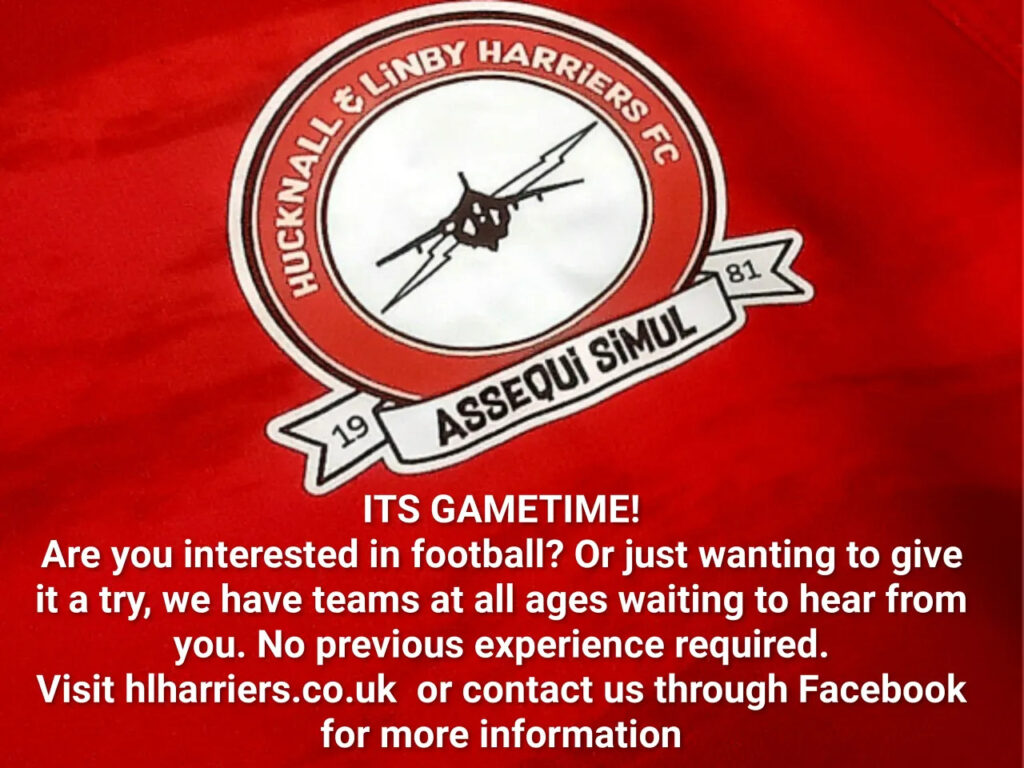 The Hucknall & Linby Harriers FC club crest on a red shirt background.