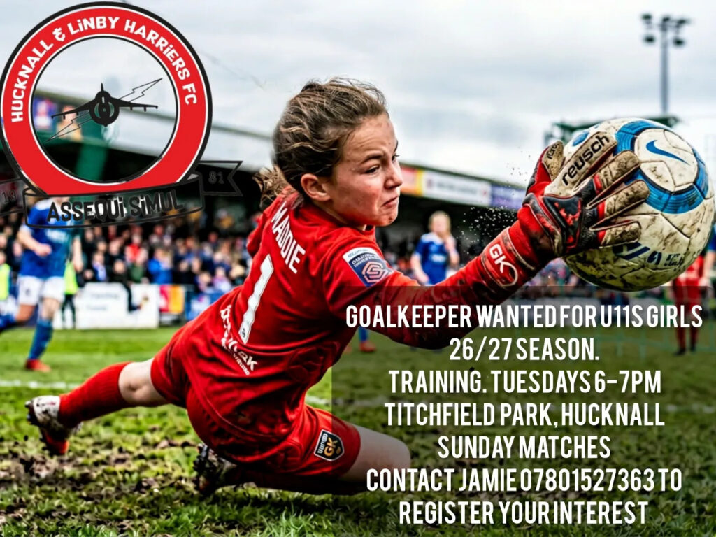 Recruitment poster: a young girl goalkeeper in a red number 1 kit diving to catch a football.