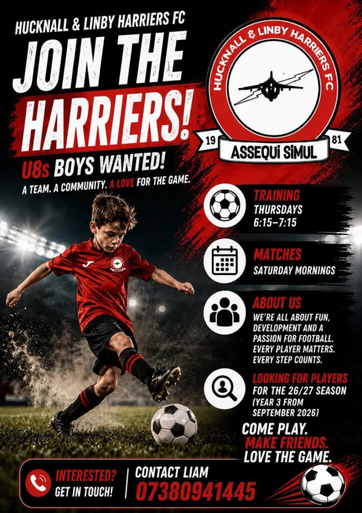 Recruitment poster: a young boy in a red Harriers kit kicking a football under stadium lights, with the club crest.