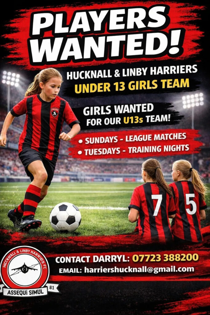 Recruitment poster with a photo of six girls in orange and black kits holding a trophy and medals.